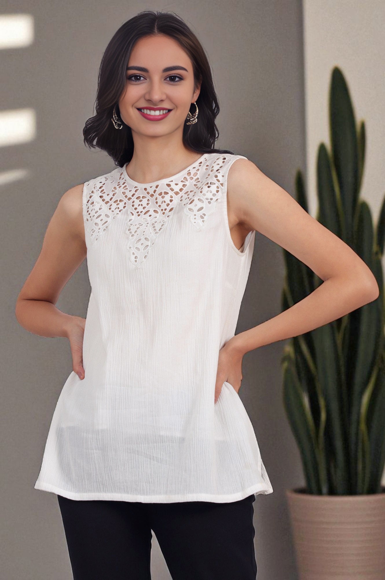 W for Woman White Cotton Crinkle Top with Schiffli Detail on Neck