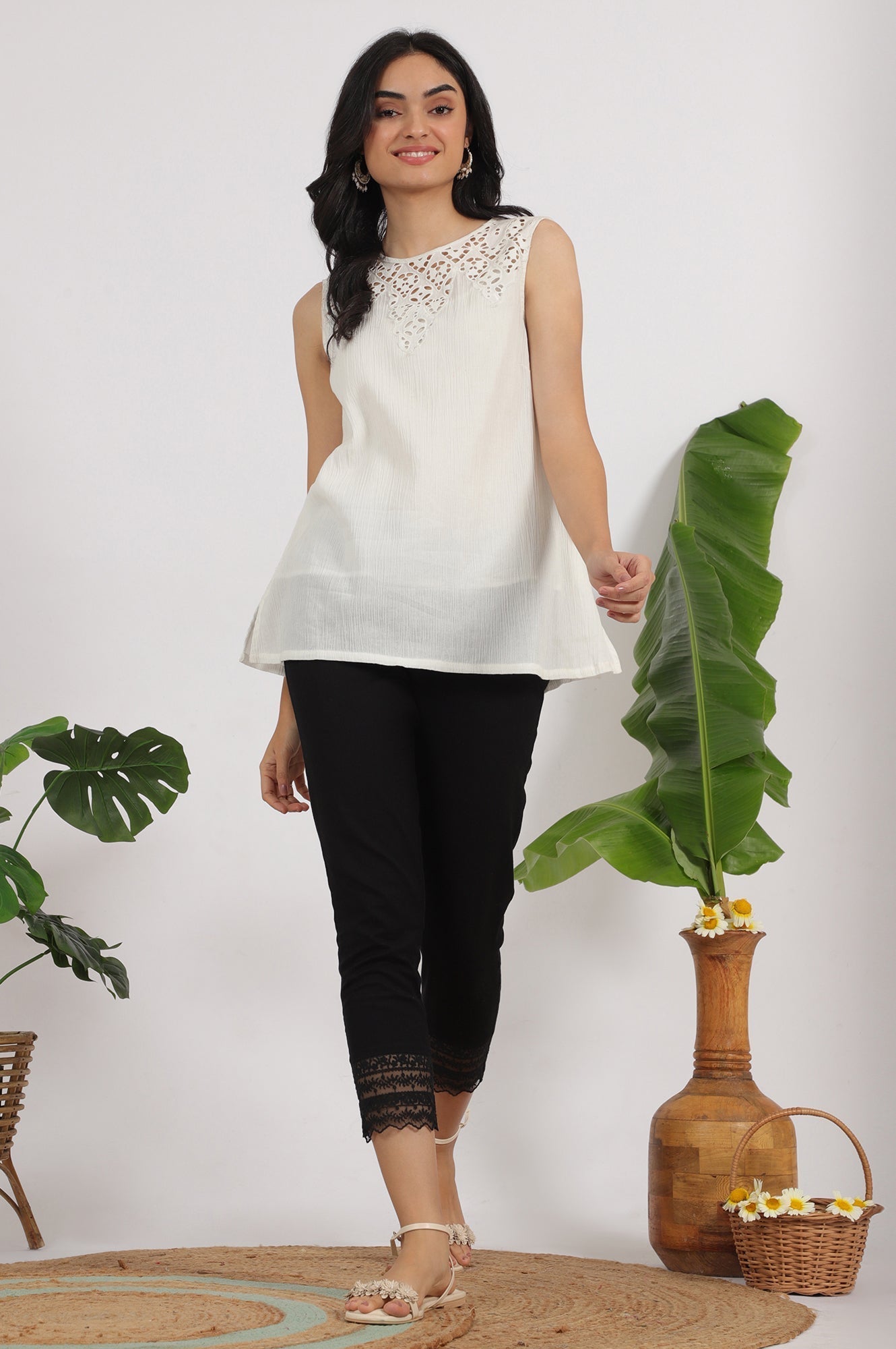 W for Woman White Cotton Crinkle Top with Schiffli Detail on Neck