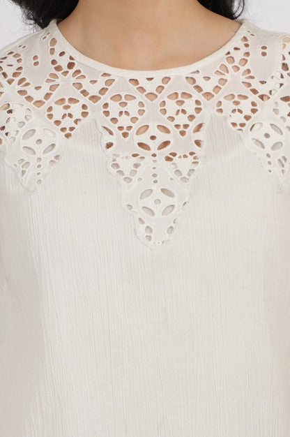 W for Woman White Cotton Crinkle Top with Schiffli Detail on Neck