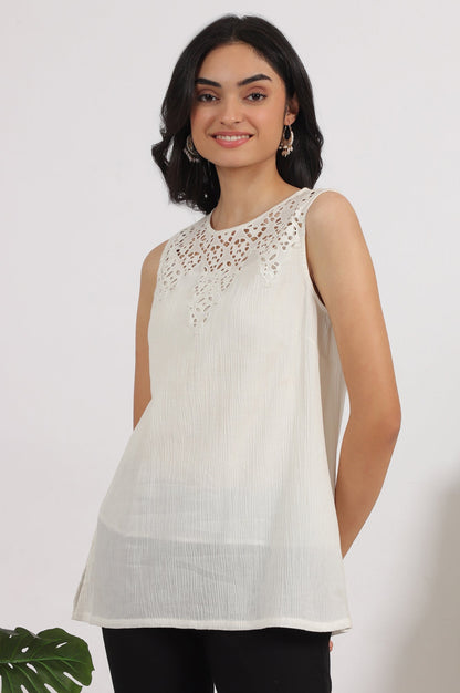 W for Woman White Cotton Crinkle Top with Schiffli Detail on Neck