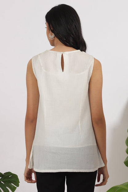 W for Woman White Cotton Crinkle Top with Schiffli Detail on Neck