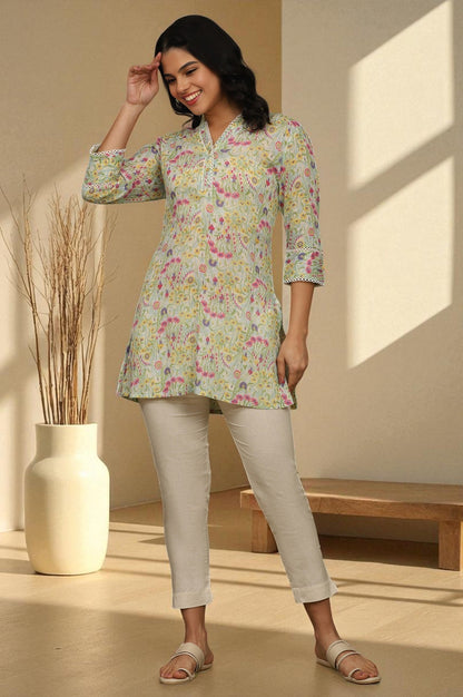 W for Woman Blue Floral Printed Cotton Crepe Tunic with Lace