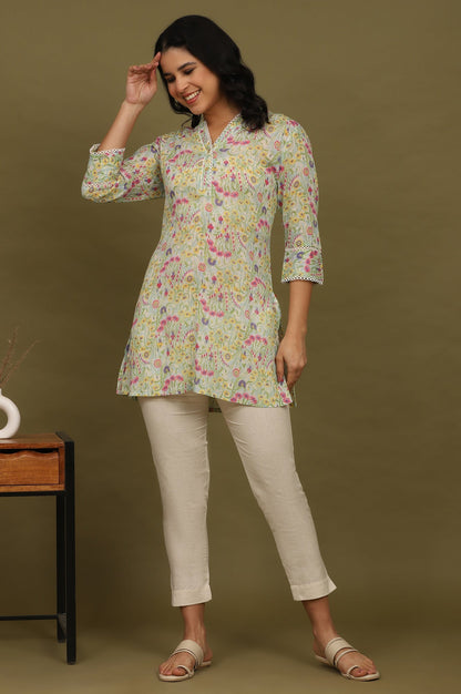 W for Woman Blue Floral Printed Cotton Crepe Tunic with Lace