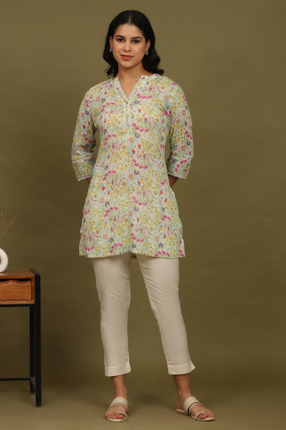 W for Woman Blue Floral Printed Cotton Crepe Tunic with Lace