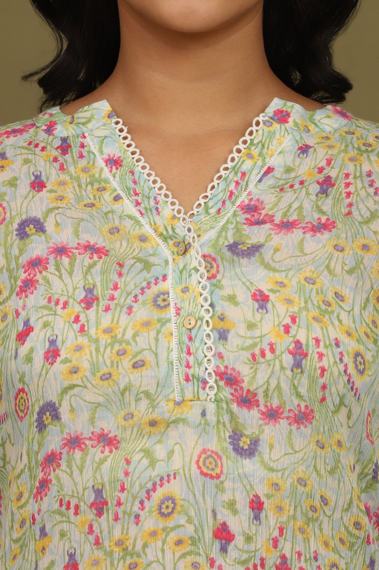 W for Woman Blue Floral Printed Cotton Crepe Tunic with Lace