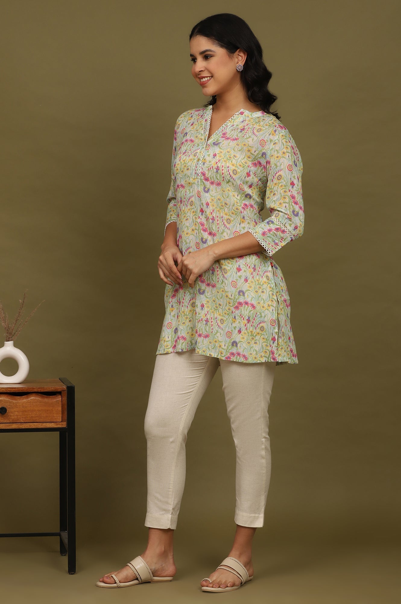 W for Woman Blue Floral Printed Cotton Crepe Tunic with Lace