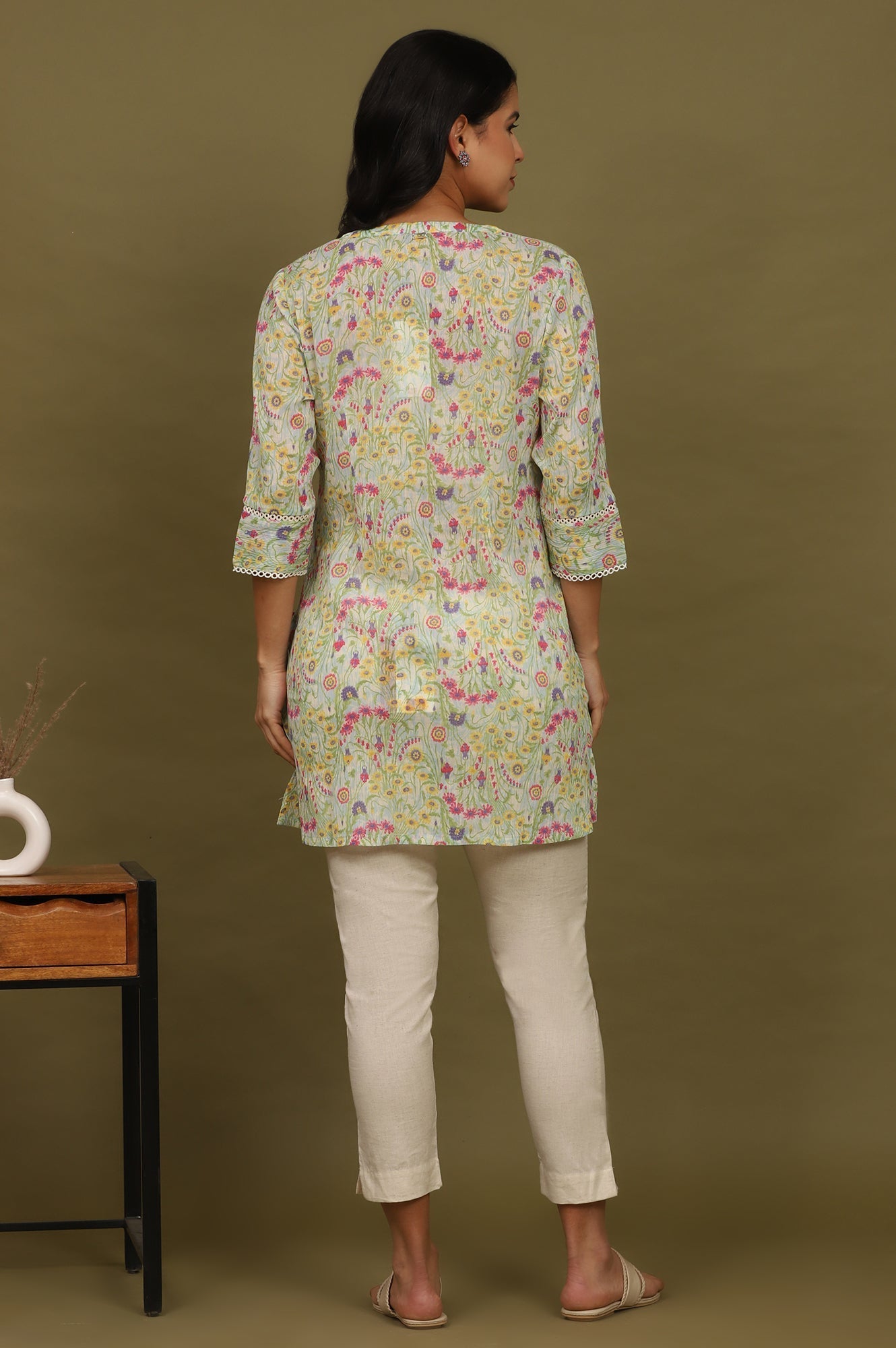 W for Woman Blue Floral Printed Cotton Crepe Tunic with Lace