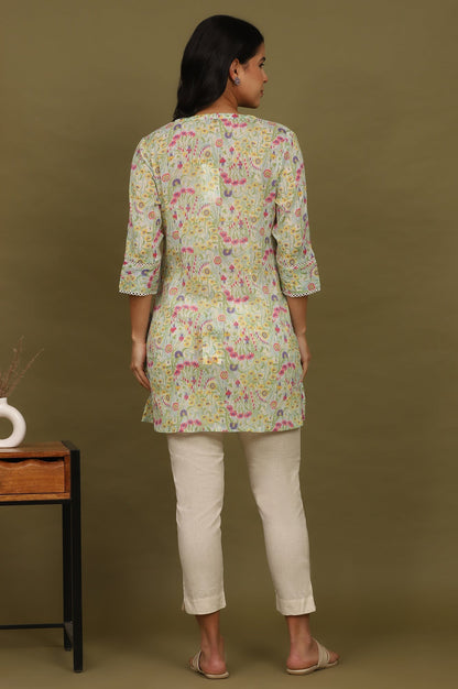 W for Woman Blue Floral Printed Cotton Crepe Tunic with Lace