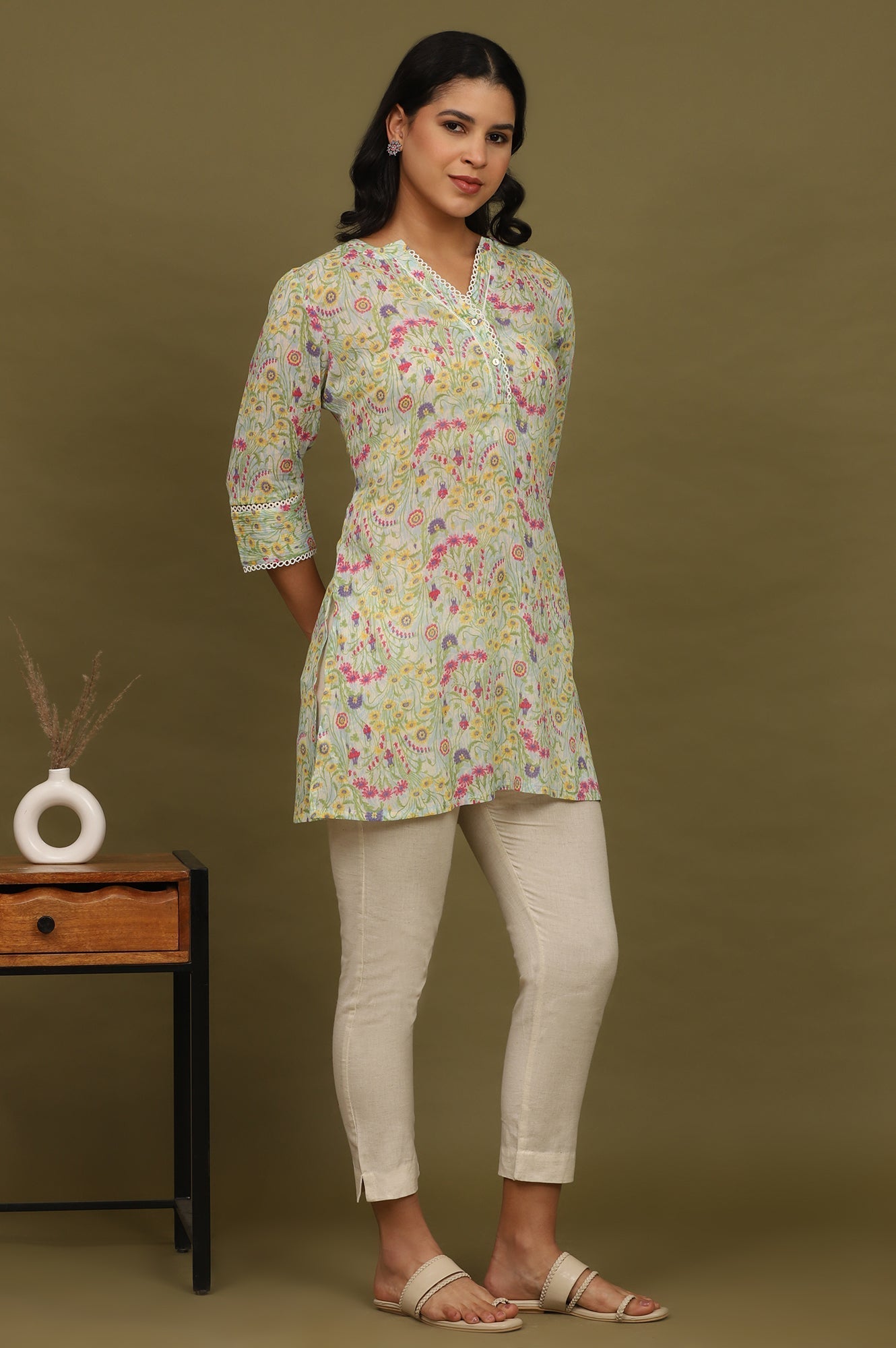 W for Woman Blue Floral Printed Cotton Crepe Tunic with Lace