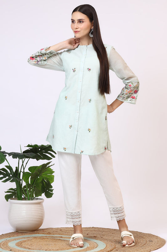 W for Woman Mint Green Floral Embroidered Kota Tunic