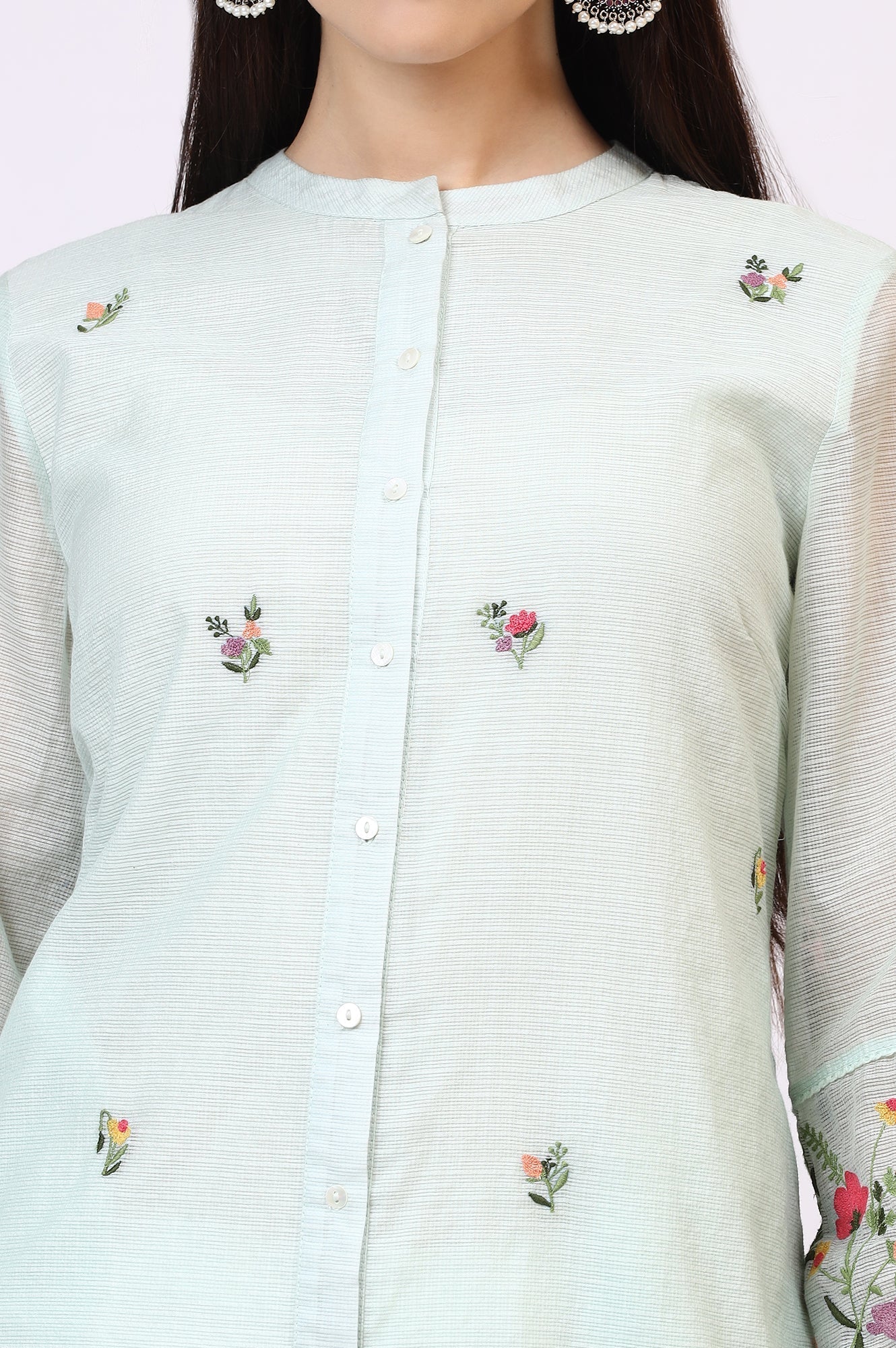 W for Woman Mint Green Floral Embroidered Kota Tunic