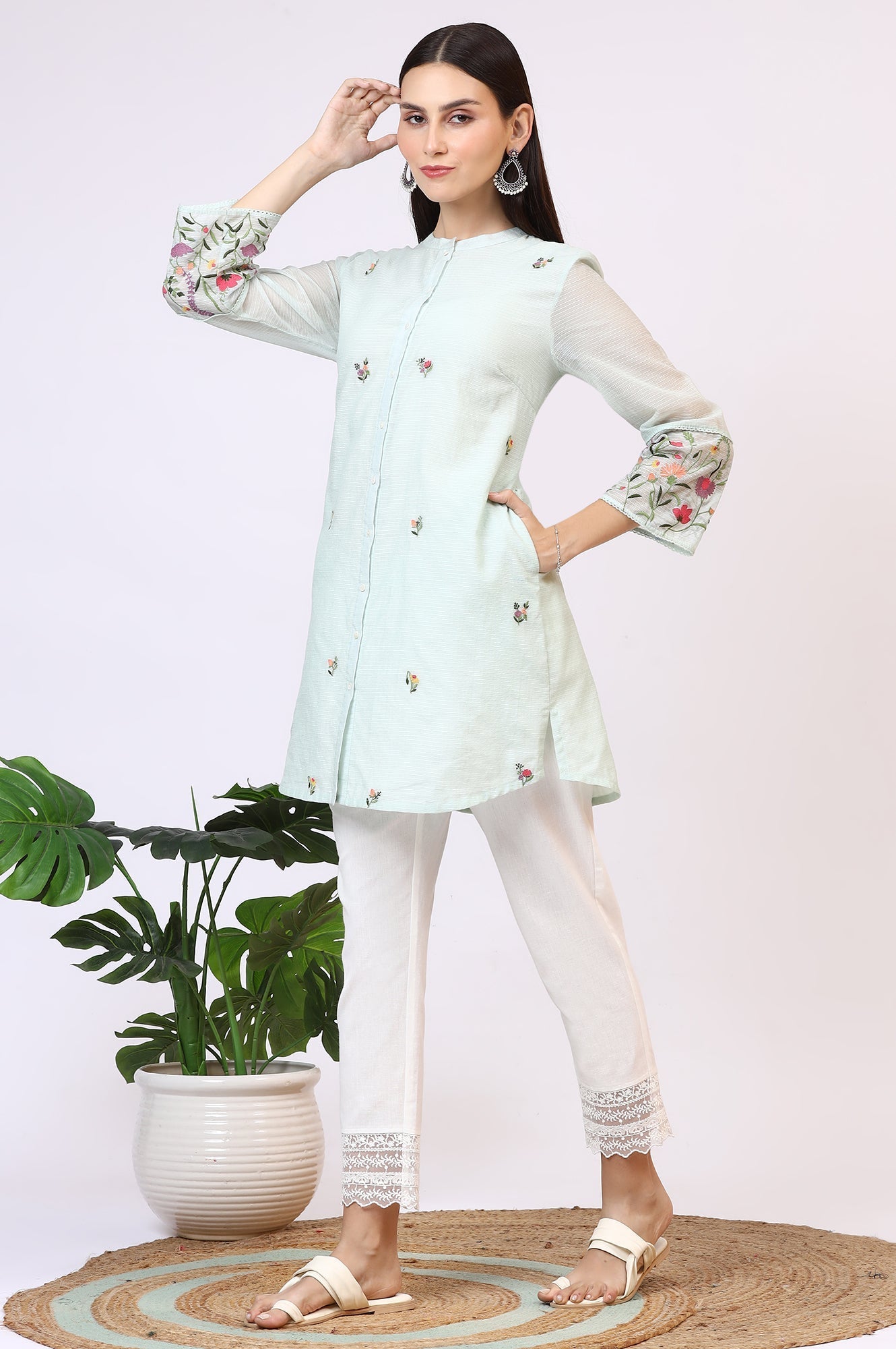 W for Woman Mint Green Floral Embroidered Kota Tunic