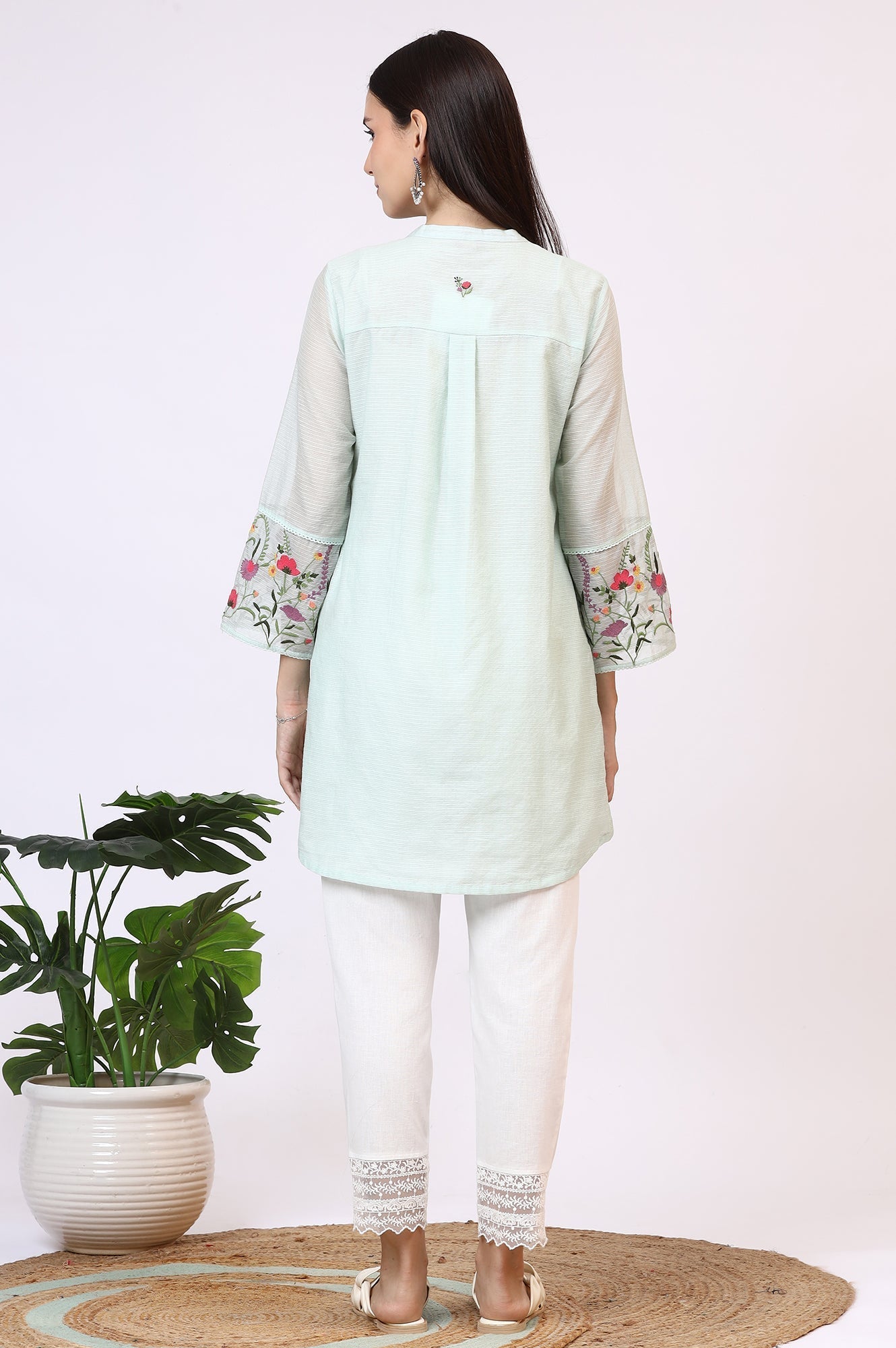 W for Woman Mint Green Floral Embroidered Kota Tunic
