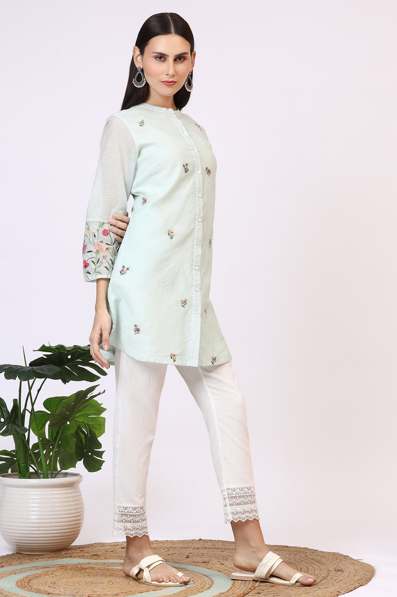 W for Woman Mint Green Floral Embroidered Kota Tunic