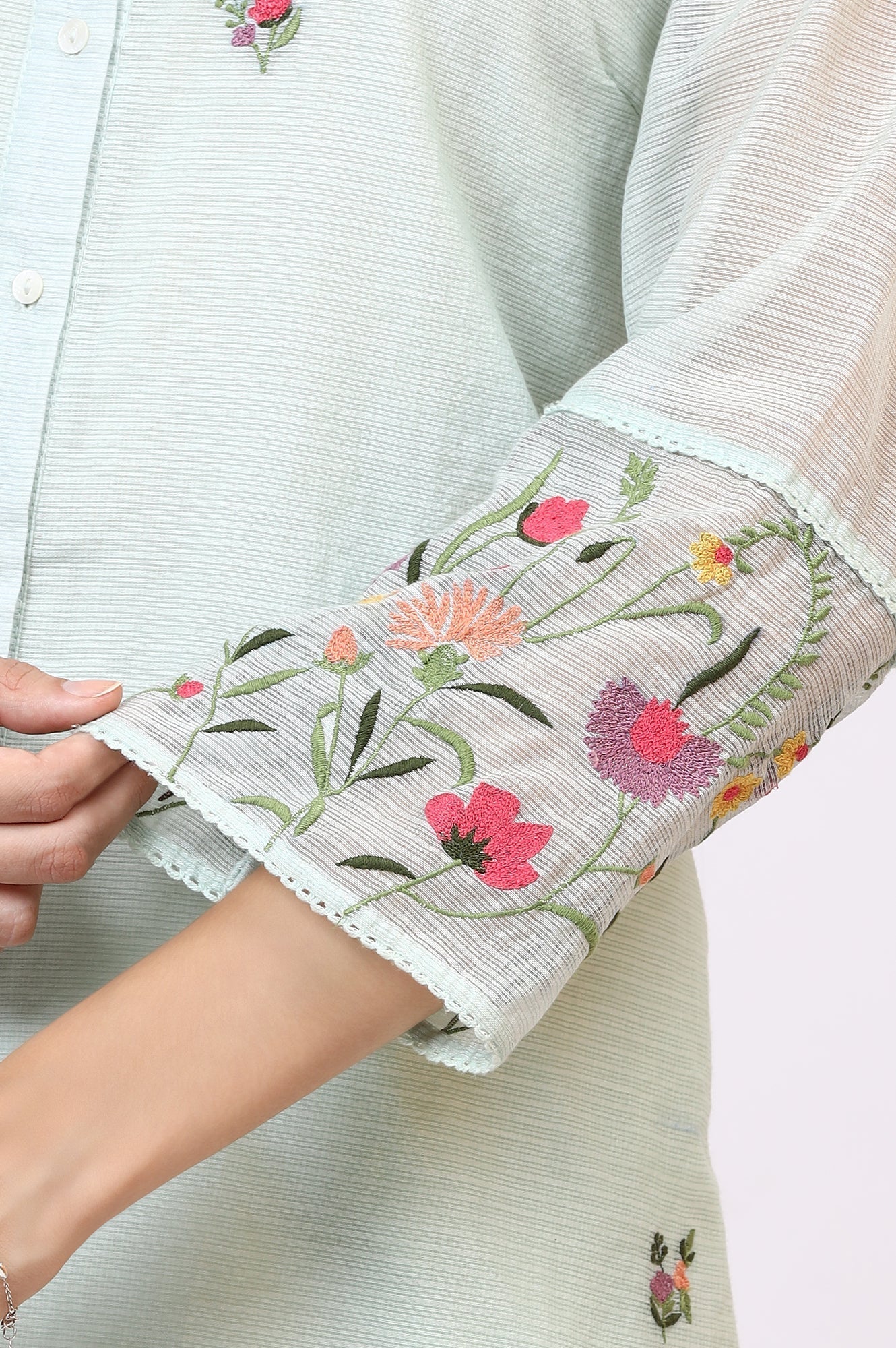 W for Woman Mint Green Floral Embroidered Kota Tunic