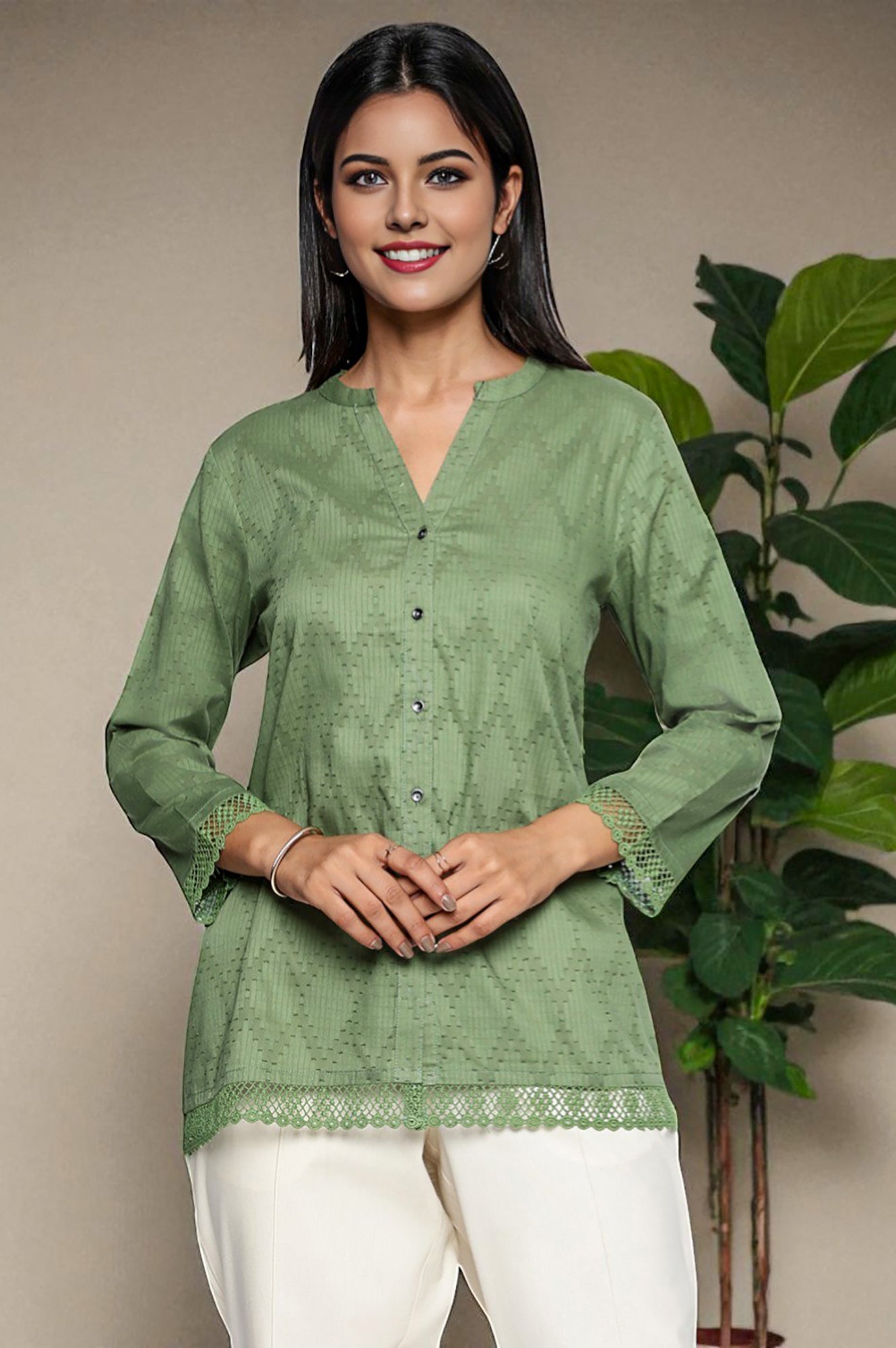 W for Woman Green Yarn Dyed Printed Pure Cotton Straight Top