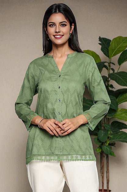 W for Woman Green Yarn Dyed Printed Pure Cotton Straight Top