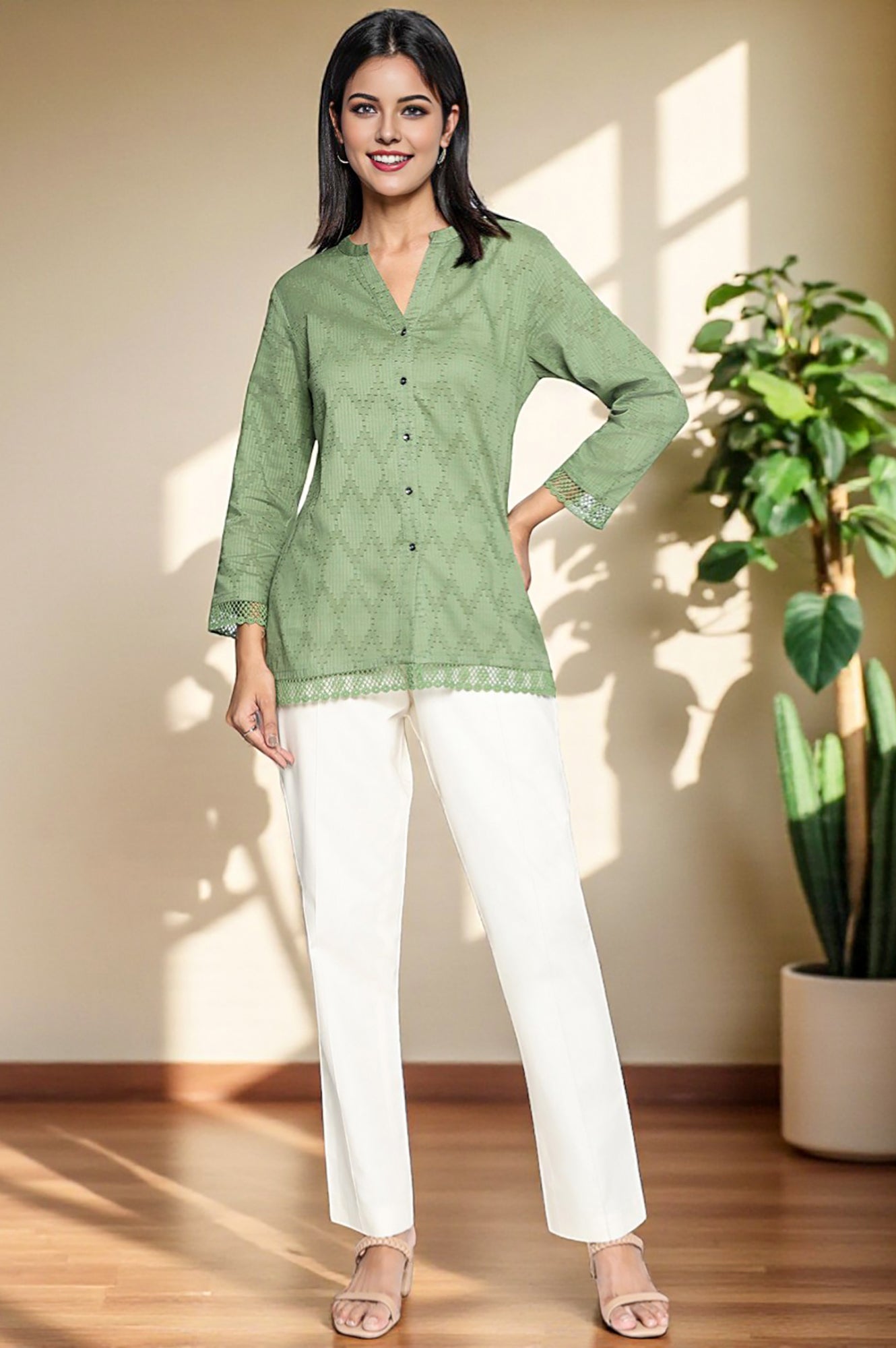 W for Woman Green Yarn Dyed Printed Pure Cotton Straight Top