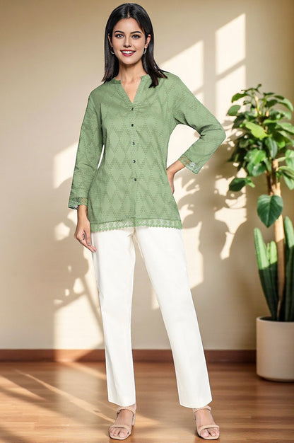 W for Woman Green Yarn Dyed Printed Pure Cotton Straight Top