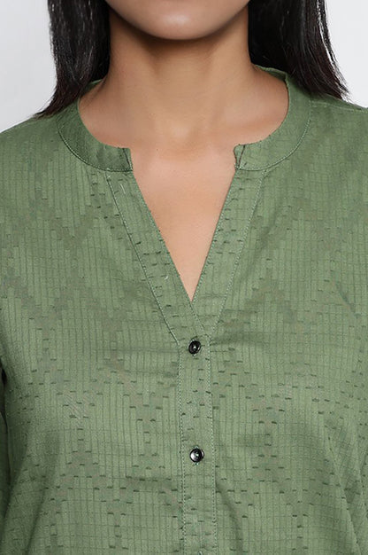 W for Woman Green Yarn Dyed Printed Pure Cotton Straight Top
