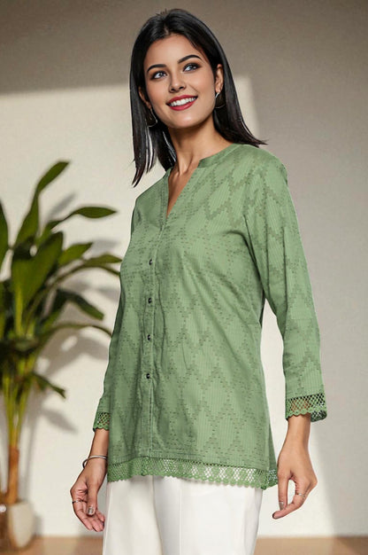 W for Woman Green Yarn Dyed Printed Pure Cotton Straight Top