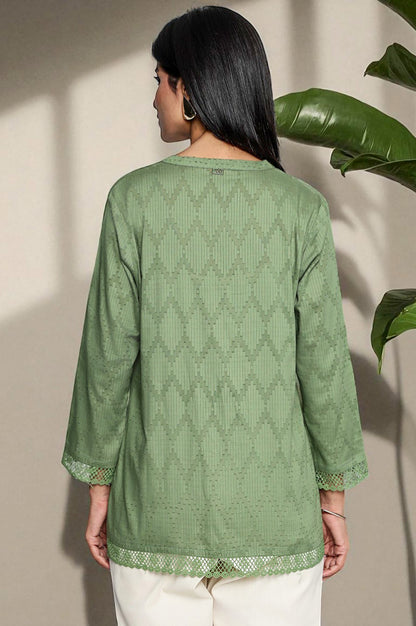 W for Woman Green Yarn Dyed Printed Pure Cotton Straight Top