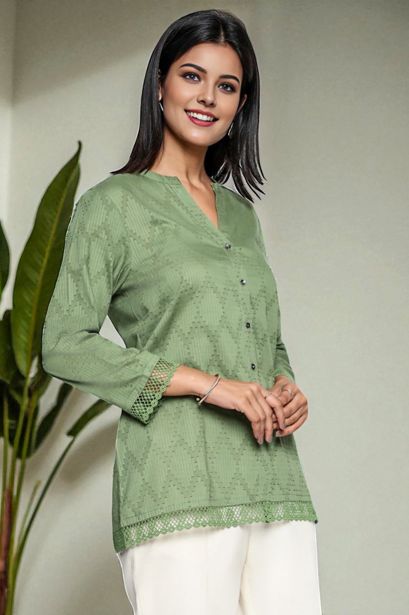 W for Woman Green Yarn Dyed Printed Pure Cotton Straight Top