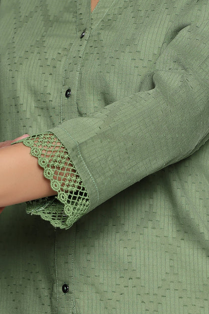 W for Woman Green Yarn Dyed Printed Pure Cotton Straight Top