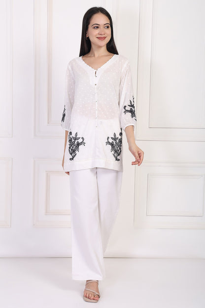 W for Woman White Polka Dot Embroidered Straight Cotton Top