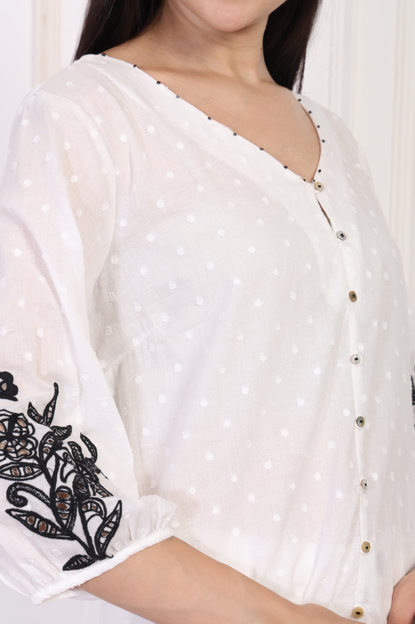 W for Woman White Polka Dot Embroidered Straight Cotton Top