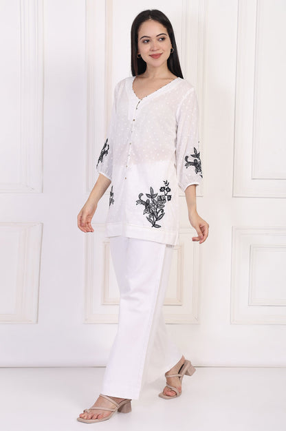 W for Woman White Polka Dot Embroidered Straight Cotton Top