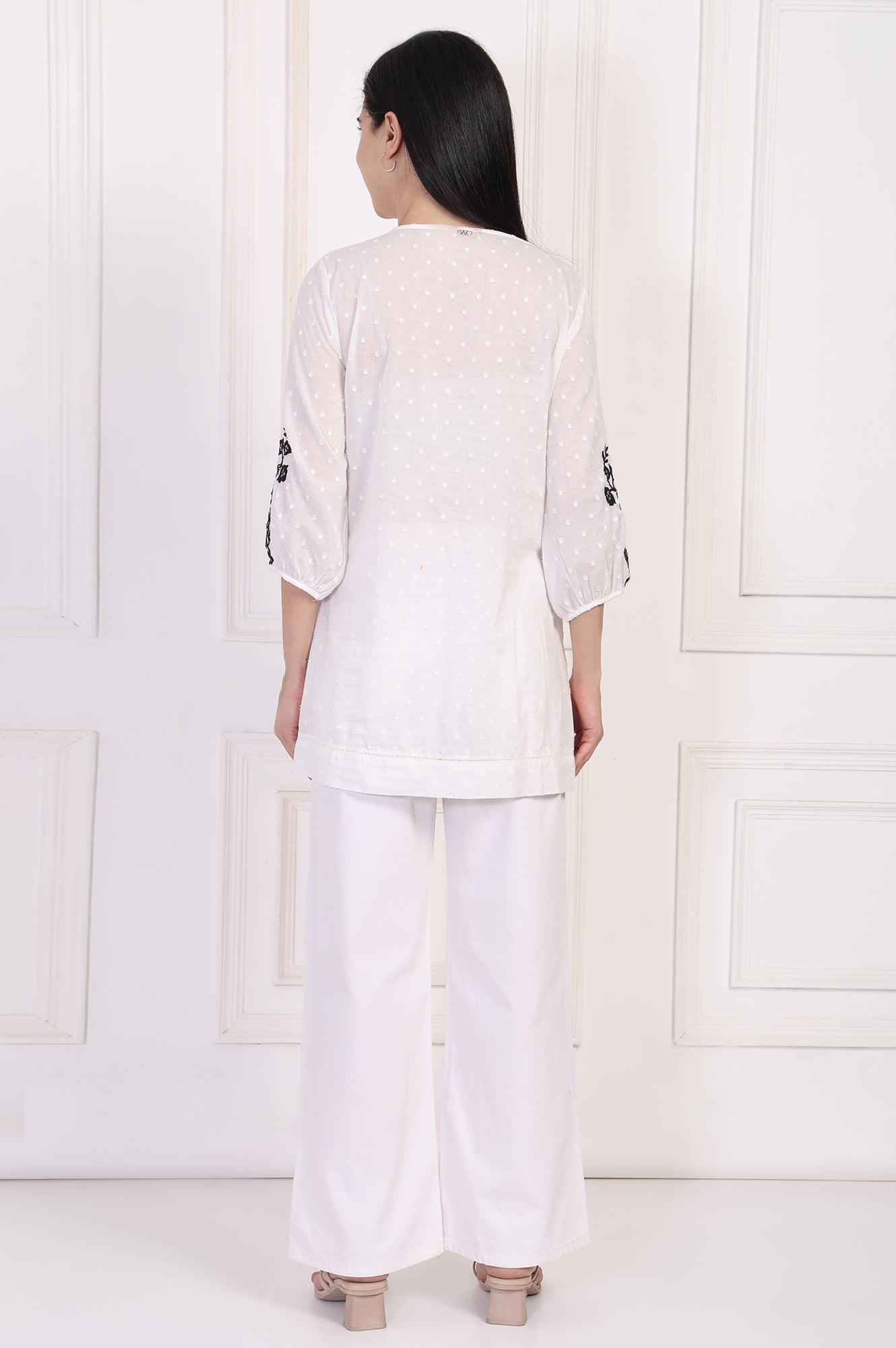 W for Woman White Polka Dot Embroidered Straight Cotton Top