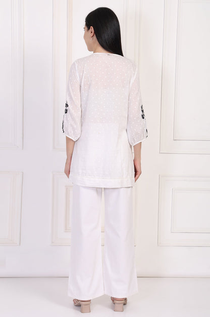 W for Woman White Polka Dot Embroidered Straight Cotton Top