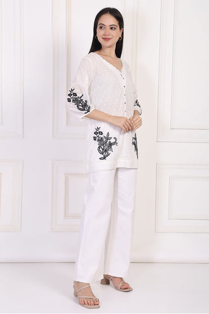 W for Woman White Polka Dot Embroidered Straight Cotton Top