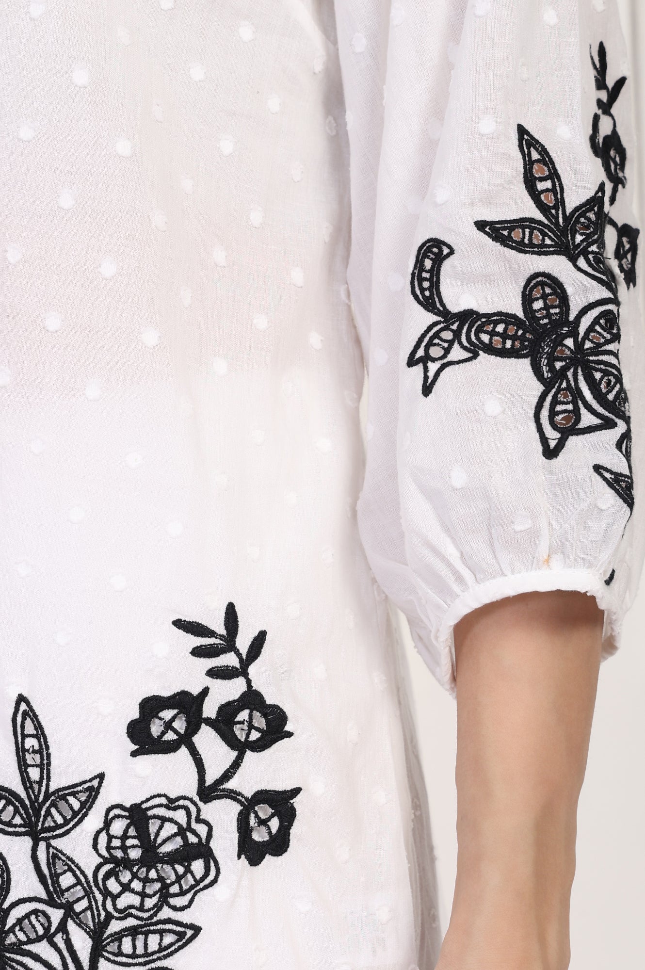 W for Woman White Polka Dot Embroidered Straight Cotton Top