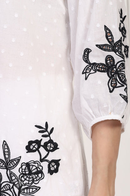 W for Woman White Polka Dot Embroidered Straight Cotton Top
