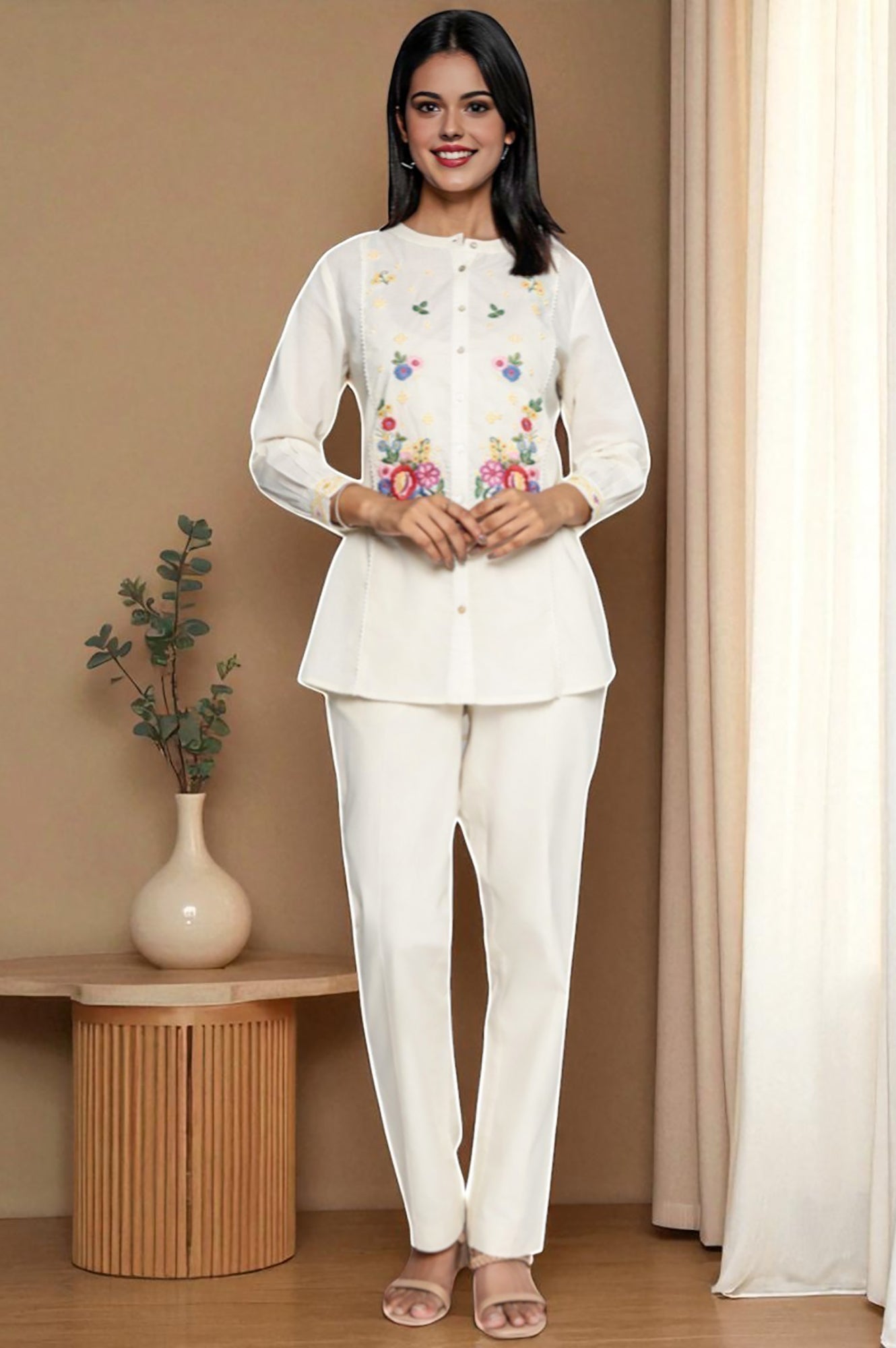W for Woman Off White Solid Printed Pure Cotton Straight Top