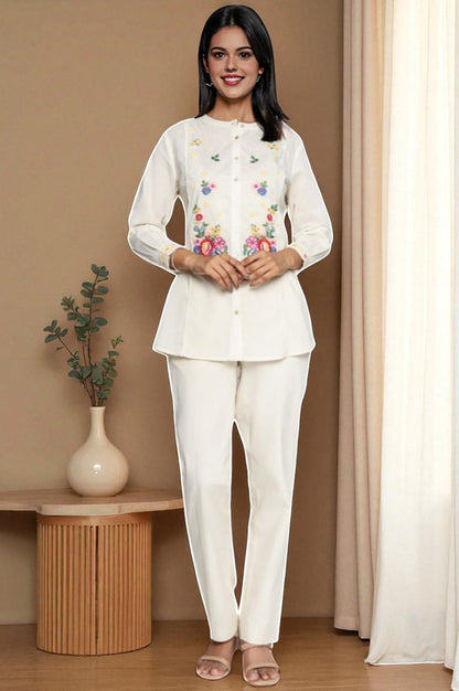 W for Woman Off White Solid Printed Pure Cotton Straight Top