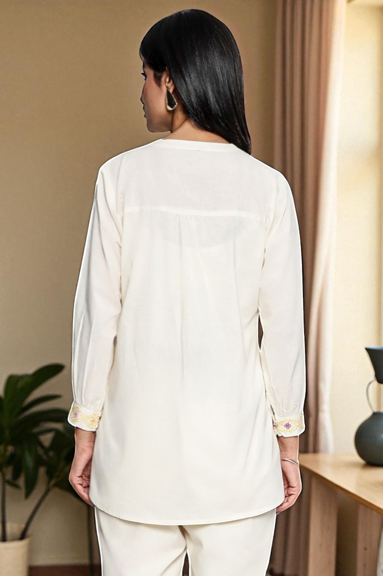 W for Woman Off White Solid Printed Pure Cotton Straight Top