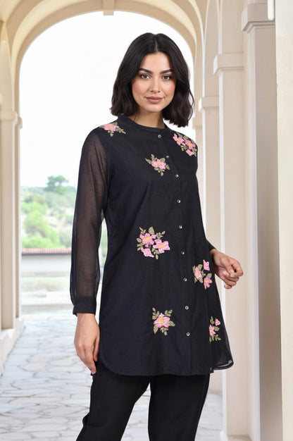 W for Woman Black Embroidered Floral Thread Work Straight Kota Tunic
