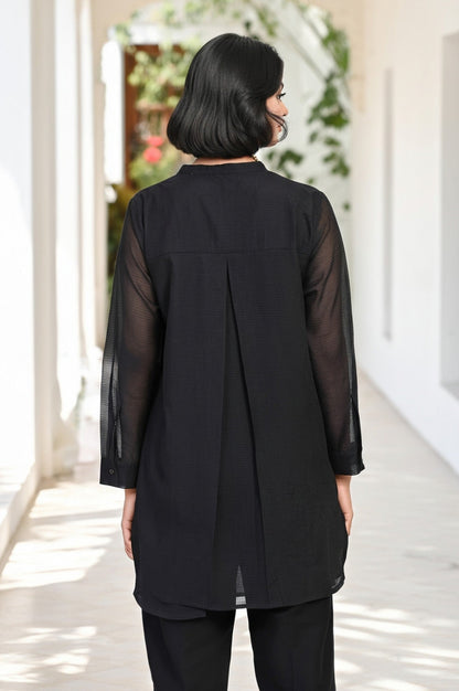 W for Woman Black Embroidered Floral Thread Work Straight Kota Tunic