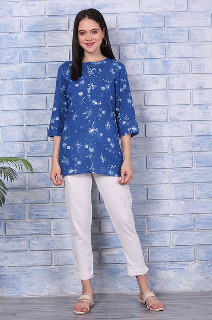 W for Woman Blue Floral Printed Beaded Rayon Flax Top