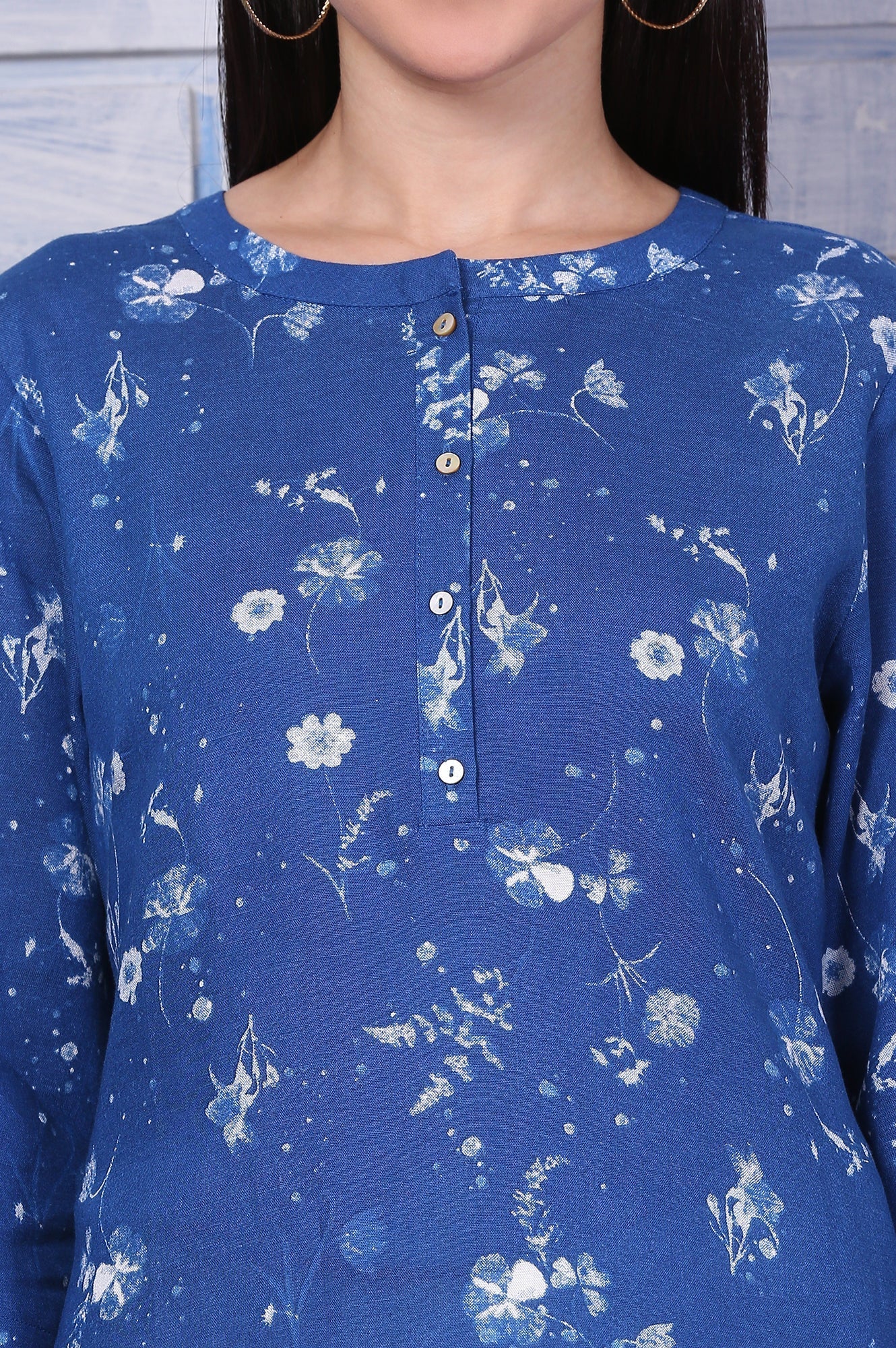W for Woman Blue Floral Printed Beaded Rayon Flax Top