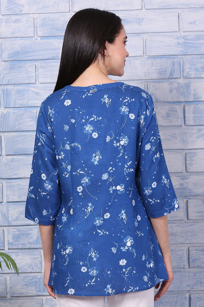 W for Woman Blue Floral Printed Beaded Rayon Flax Top