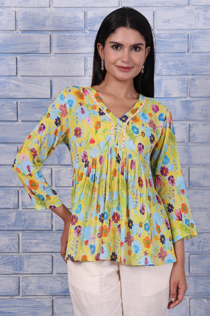 W for Woman Yellow Floral Printed Thread Embroidered Pure Cotton Tops