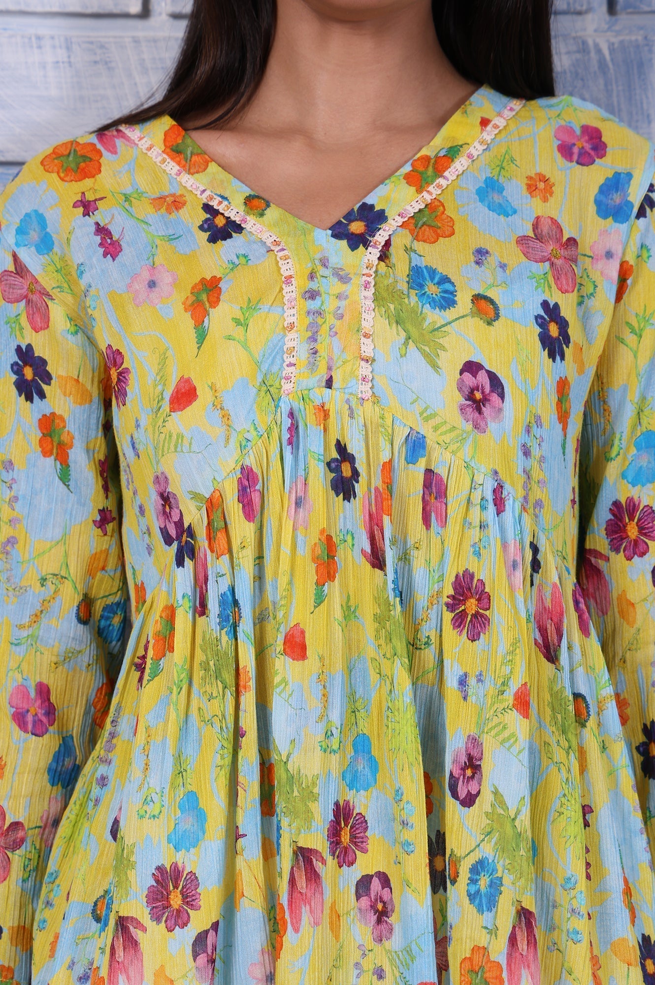 W for Woman Yellow Floral Printed Thread Embroidered Pure Cotton Tops
