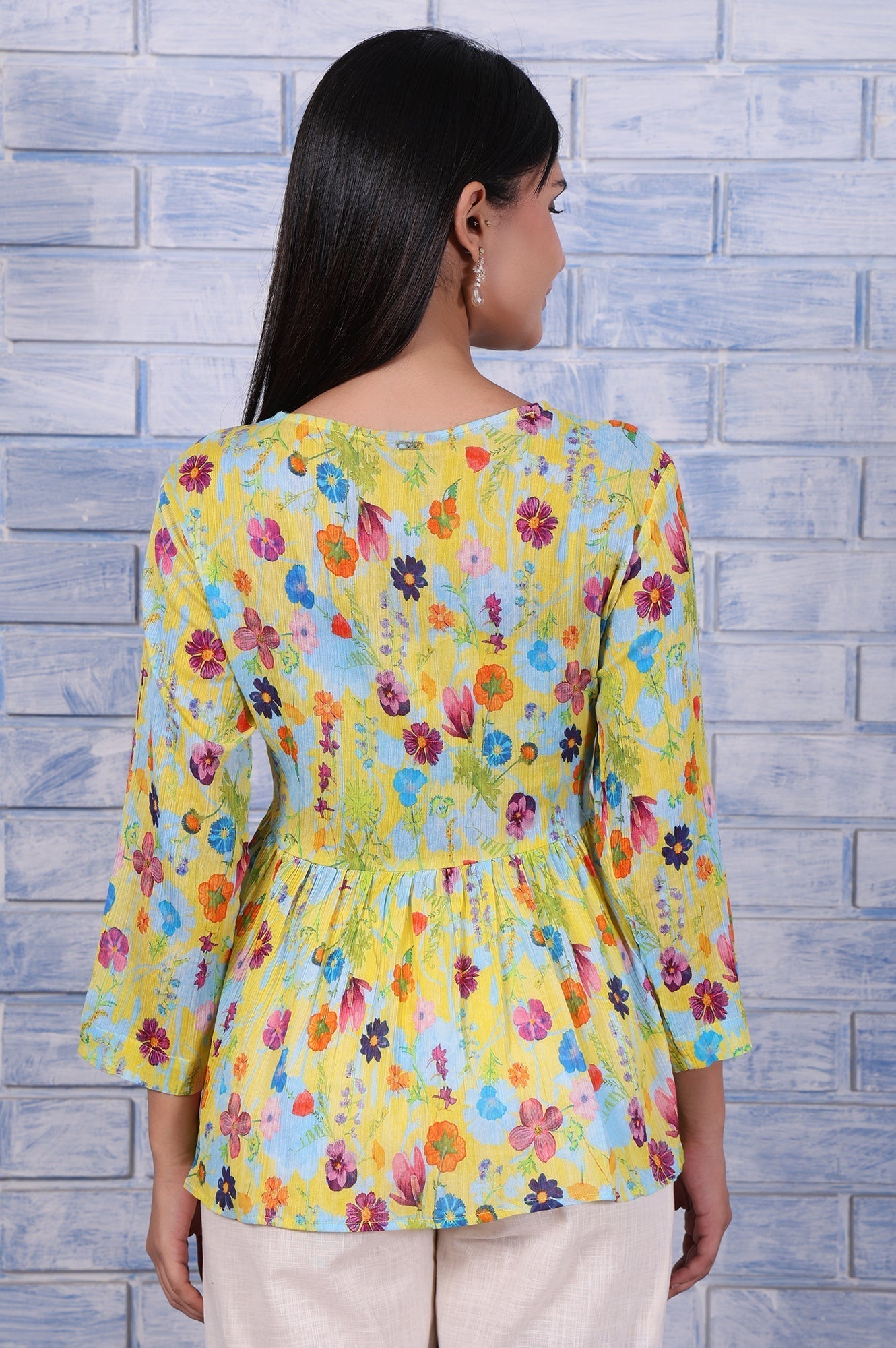 W for Woman Yellow Floral Printed Thread Embroidered Pure Cotton Tops