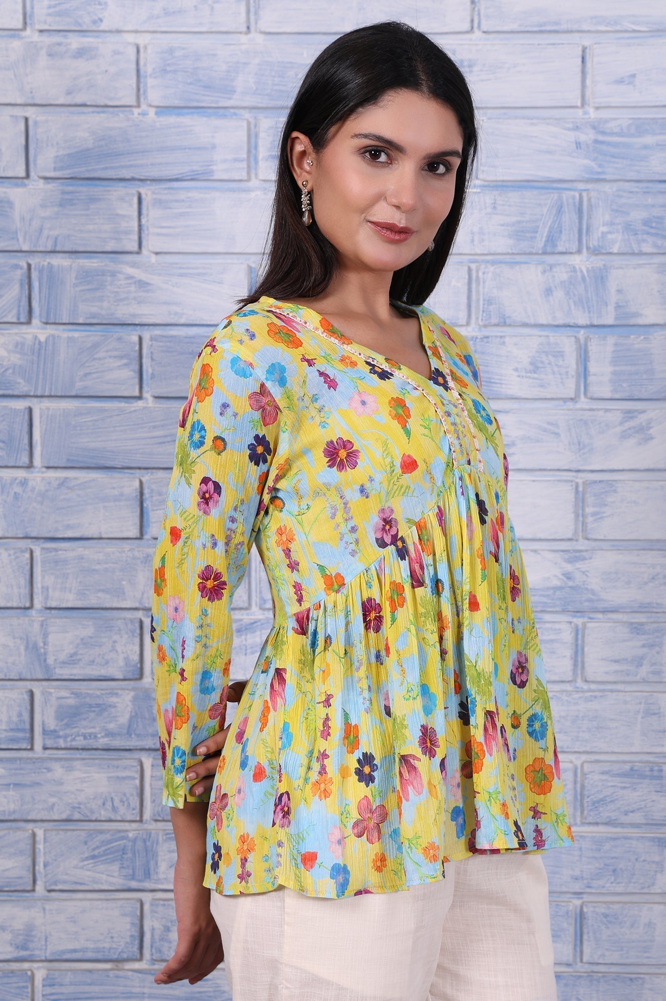 W for Woman Yellow Floral Printed Thread Embroidered Pure Cotton Tops