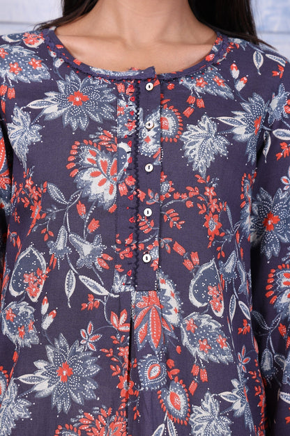 W for Woman Blue Floral Printed Thread Embroidered Rayon Flax Tops