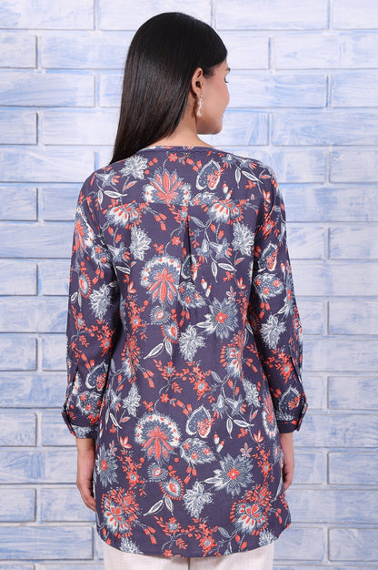 W for Woman Blue Floral Printed Thread Embroidered Rayon Flax Tops